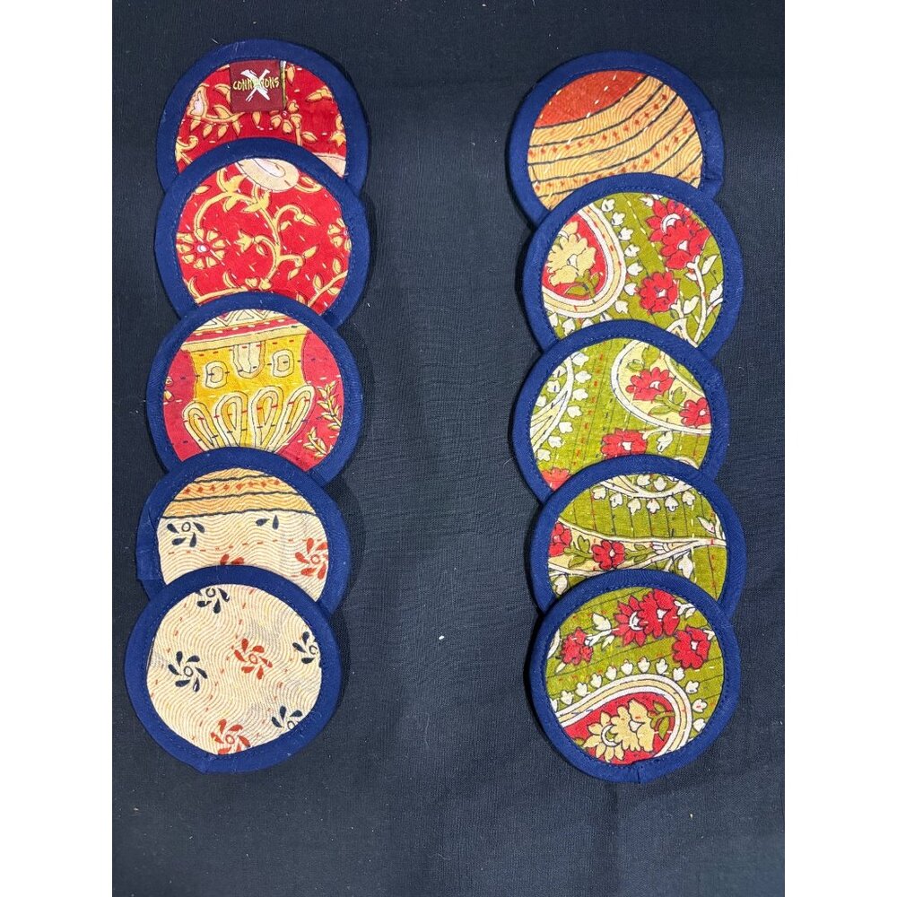 Connexions Fabric Coasters Set Of 10 With Paisley & Floral Patterns Blue Border
